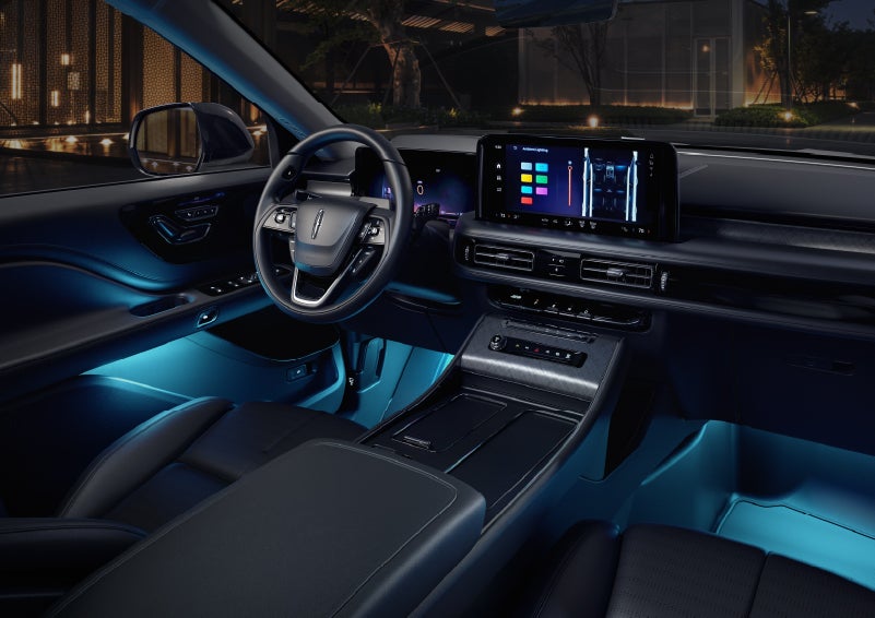 Deep blue ambient lighting glows from various places within a 2026 Lincoln Aviator® SUV. | Kirk Brothers Lincoln of Vicksburg in Vicksburg MS